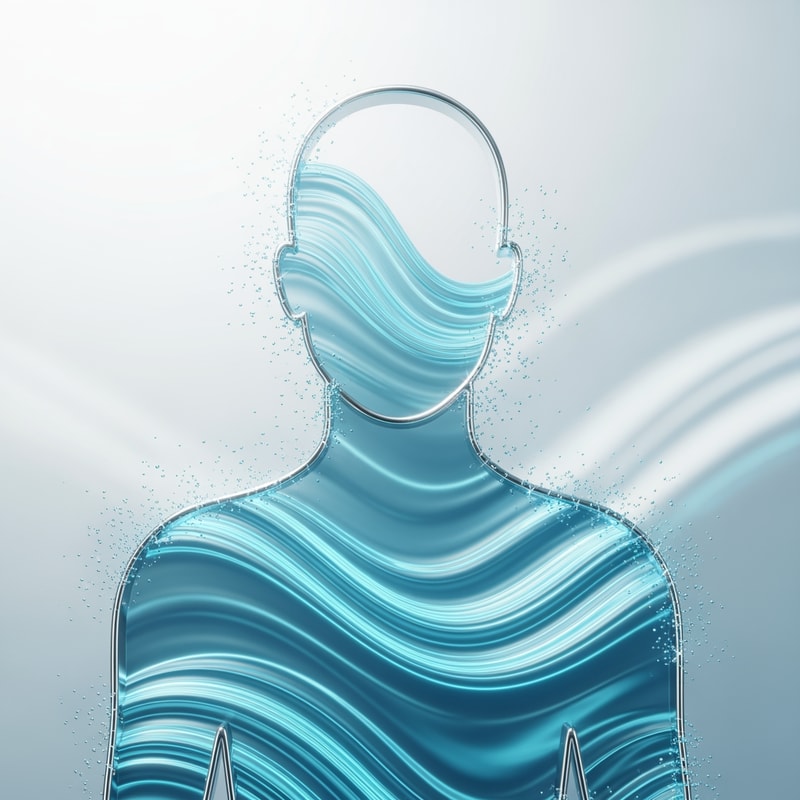 “Create a premium minimalistic artwork showing a human silhouette made with thin metallic silver outline, interior filled with ultra-clean glowing aqua-blue water waves. Water waves must be smooth, layered, and slightly transparent. Background must be a soft white-to-light-blue gradient with subtle glass reflections. Add floating micro water particles around the silhouette to show purity. Overall look must feel scientific, calm, balanced, and extremely premium. No bottle, no text, no brand elements — just the visual theme.”