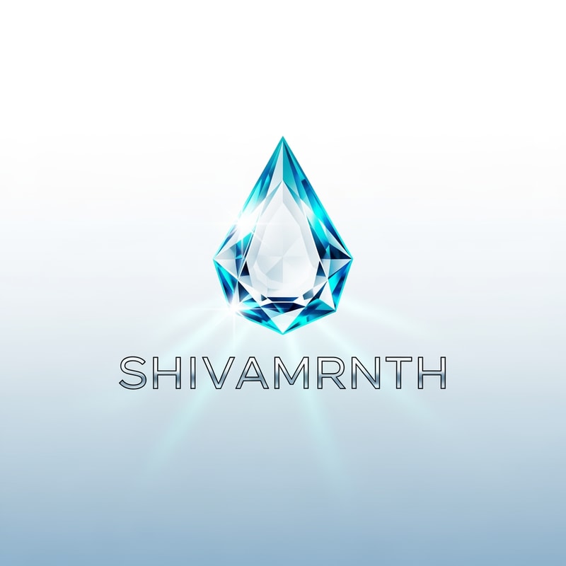 “Design a high-end logo for ‘SHIVAMRNTH’ featuring a crystal-clear water droplet shaped like a faceted prism. Edges reflect aqua-blue light beams. Subtle micro reflections and ultra-clean glass texture. Typography: thin, modern, silver-grey. Background soft gradient white to ice blue.”