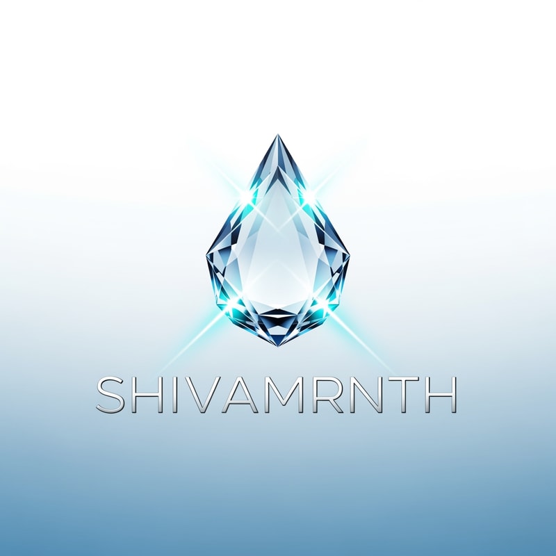 “Design a high-end logo for ‘SHIVAMRNTH’ featuring a crystal-clear water droplet shaped like a faceted prism. Edges reflect aqua-blue light beams. Subtle micro reflections and ultra-clean glass texture. Typography: thin, modern, silver-grey. Background soft gradient white to ice blue.”