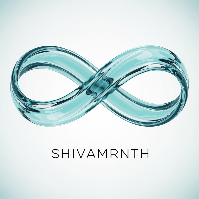 “Create a premium logo for ‘SHIVAMRNTH’ using a continuous infinity ribbon made from translucent aqua-blue water. Smooth curves, soft reflections, calm luxury mood. Thin modern typography below. No real droplet shape — abstract, flowing, elegant.”