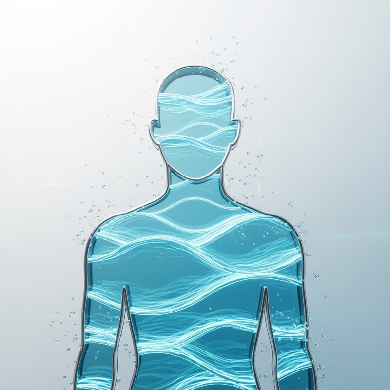 “Create a premium minimalistic artwork showing a human silhouette made with thin metallic silver outline, interior filled with ultra-clean glowing aqua-blue water waves. Water waves must be smooth, layered, and slightly transparent. Background must be a soft white-to-light-blue gradient with subtle glass reflections. Add floating micro water particles around the silhouette to show purity. Overall look must feel scientific, calm, balanced, and extremely premium. No bottle, no text, no brand elements — just the visual theme.”