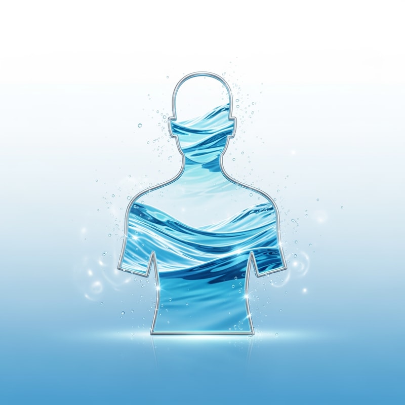 “Create a premium minimalistic artwork showing a human silhouette made with thin metallic silver outline, interior filled with ultra-clean glowing aqua-blue water waves. Water waves must be smooth, layered, and slightly transparent. Background must be a soft white-to-light-blue gradient with subtle glass reflections. Add floating micro water particles around the silhouette to show purity. Overall look must feel scientific, calm, balanced, and extremely premium. No bottle, no text, no brand elements — just the visual theme.”