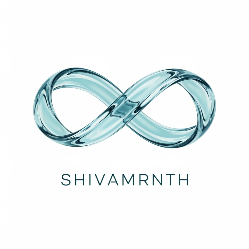 “Create a premium logo for ‘SHIVAMRNTH’ using a continuous infinity ribbon made from translucent aqua-blue water. Smooth curves, soft reflections, calm luxury mood. Thin modern typography below. No real droplet shape — abstract, flowing, elegant.”