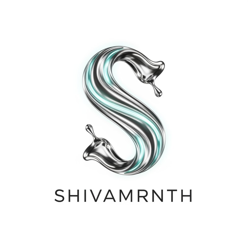 “Create a premium minimalistic logo for the brand ‘SHIVAMRNTH’. Design a flowing liquid-silver monogram ‘S’ formed from smooth metallic water streams. Use ultra-clean reflections, soft aqua glow, and balanced symmetry. Background pure white. No icons, no bottle shapes. Feel: scientific, luxury, timeless pu