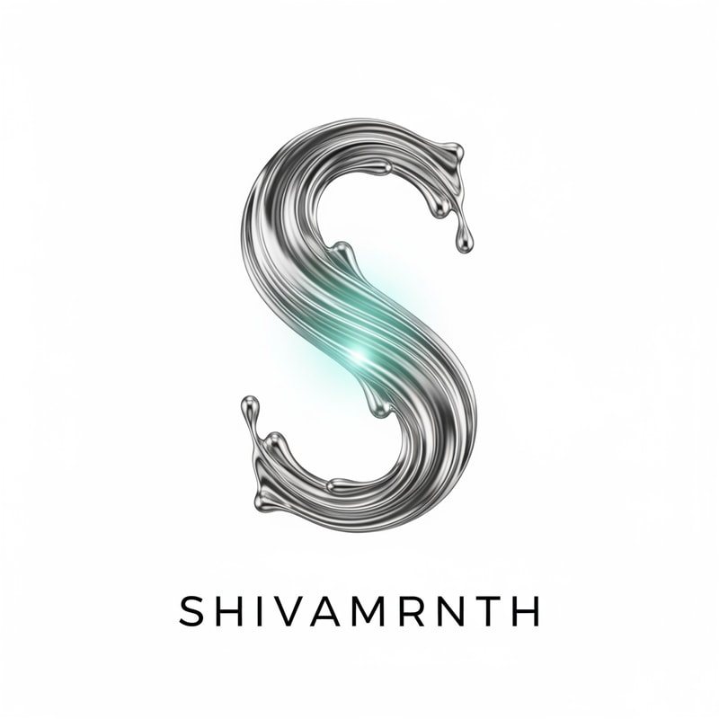 “Create a premium minimalistic logo for the brand ‘SHIVAMRNTH’. Design a flowing liquid-silver monogram ‘S’ formed from smooth metallic water streams. Use ultra-clean reflections, soft aqua glow, and balanced symmetry. Background pure white. No icons, no bottle shapes. Feel: scientific, luxury, timeless pu