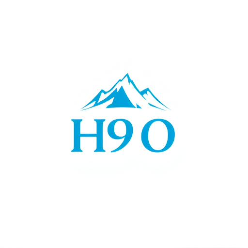 Professional logo design. Make a natural-inspired logo for H9O with a small mountain peak or flowing spring above the wordmark. The mountain should represent the origin of pure mineral water, paired with cool blue and white tones.