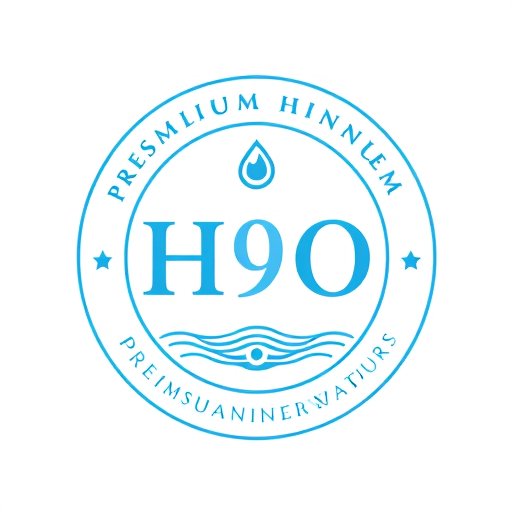 Professional logo design. Create a round badge-style logo for H9O. Place the text inside a circle with “Premium Mineral Water” written around it. Add a tiny drop or ripple at the center to enhance trust and authenticity.