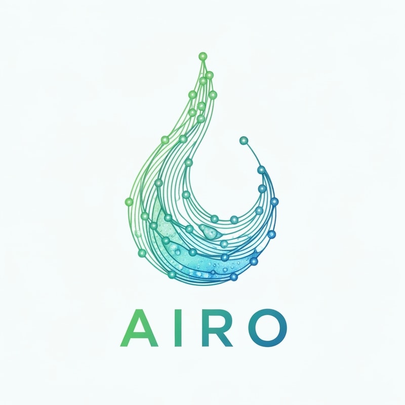 Generate a logo for AIRO that merges neural network design with nature-inspired water symbolism. Use flowing AI neural lines forming the shape of a droplet or wave, representing the intelligence of nature. The mood should be eco-tech — blending artificial intelligence with natural purity. Use greenish-aqua gradients, soft metallic blue, and transparent water textures. Make it smooth, organic, and high-tech.
