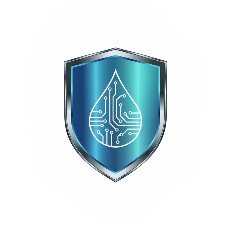 Design a shield-shaped emblem logo for AIRO, representing protection and water purity. Inside the shield, form a droplet using AI circuit traces or digital lines. The logo should look like a premium badge, symbolizing trust and advanced purification technology. Use metallic blue, chrome silver, and aqua gradients. The vibe should be safe, powerful, and cutting-edge.