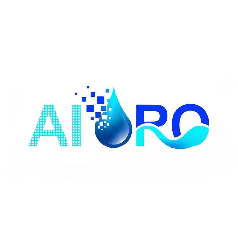 Create a creative and digital-style logo for AIRO. The design should feature pixel fragments merging into a smooth water droplet, symbolizing how data and AI integrate to create pure water. The typography should be modern and sans-serif, with the “AI” part highlighted using a digital pixel grid effect and the “RO” part in a fluid wave style. Colors: electric blue, cyan, and white. Style: digital, modern, minimal.