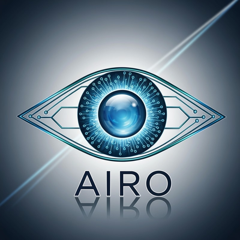 Design a conceptual eye-shaped logo for AIRO, where the iris is formed by a blue water droplet surrounded by AI circuit lines. The logo should symbolize “AI Vision for Purity” — intelligent water monitoring and quality assurance. Use metallic blue, teal, and white color tones with subtle reflections. The design must appear futuristic, spiritual, and clean, blending the ideas of technology and purity.