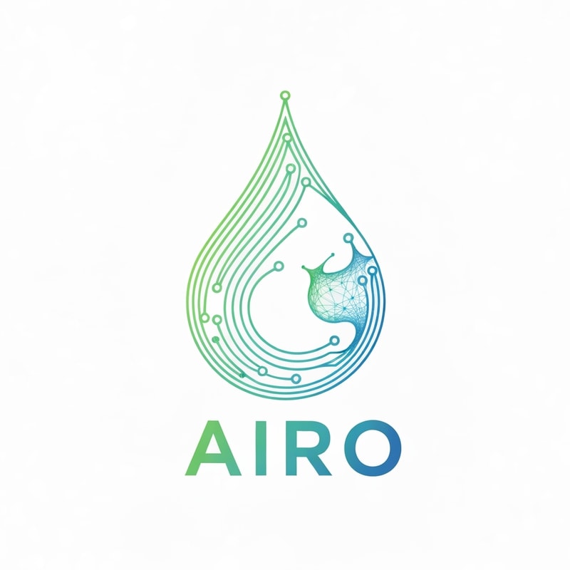Generate a logo for AIRO that merges neural network design with nature-inspired water symbolism. Use flowing AI neural lines forming the shape of a droplet or wave, representing the intelligence of nature. The mood should be eco-tech — blending artificial intelligence with natural purity. Use greenish-aqua gradients, soft metallic blue, and transparent water textures. Make it smooth, organic, and high-tech.
