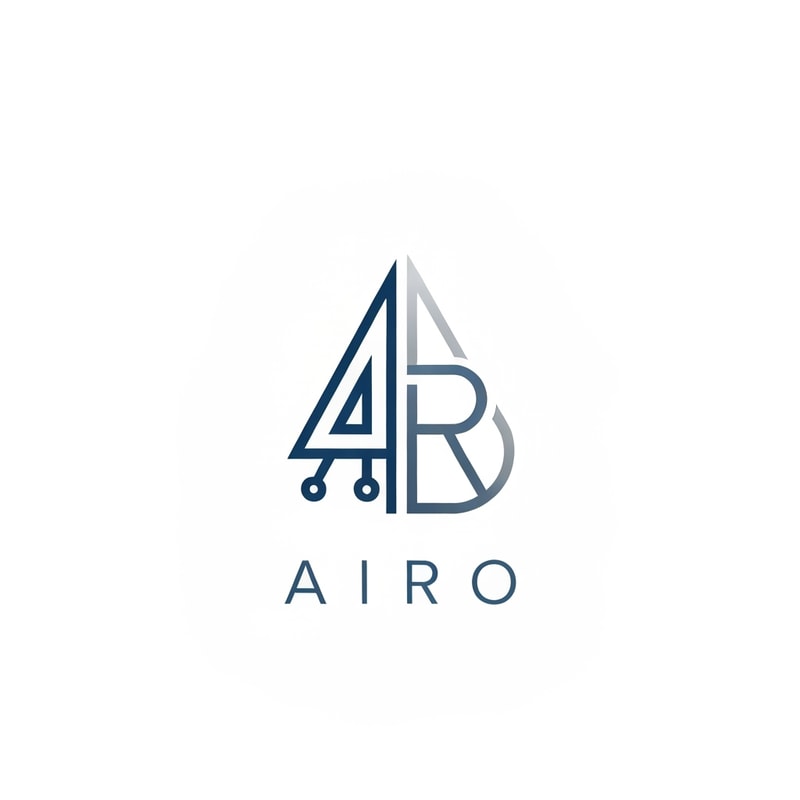 Design a minimal and elegant monogram logo for the brand AIRO where the letters A and R merge into a single geometric symbol. The symbol should subtly resemble both a circuit and a water droplet outline, representing the fusion of AI and water purification. Keep the color palette simple — deep blue, silver, and white — and use thin, balanced lines to achieve a premium corporate tech feel.