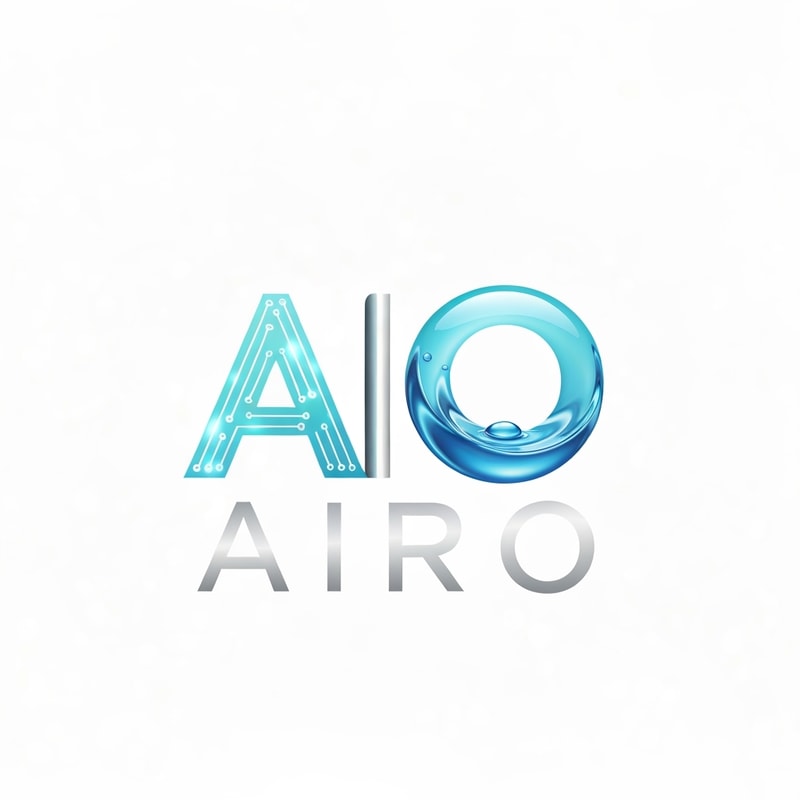 Generate a futuristic logo for a brand named AIRO, combining AI (Artificial Intelligence) and RO (Reverse Osmosis Water Technology). The logo should have smooth, modern typography with the letter “A” designed using a glowing AI circuit pattern and the “O” shaped like a transparent blue water droplet creating ripple waves. Use shades of aqua blue, white, and metallic silver to convey purity and technology. The overall design should look intelligent, minimal, and futuristic — perfect for a smart water purification brand.