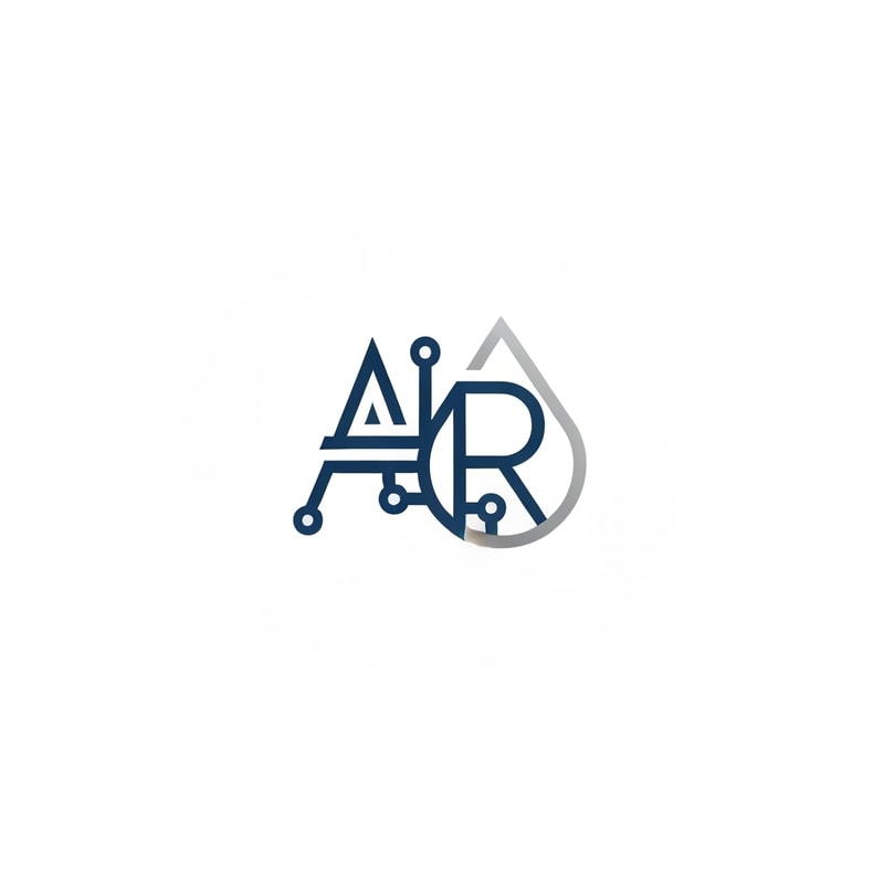 Design a minimal and elegant monogram logo for the brand AIRO where the letters A and R merge into a single geometric symbol. The symbol should subtly resemble both a circuit and a water droplet outline, representing the fusion of AI and water purification. Keep the color palette simple — deep blue, silver, and white — and use thin, balanced lines to achieve a premium corporate tech feel.