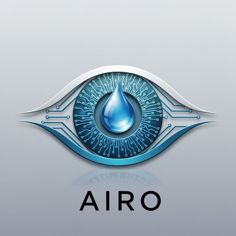 Design a conceptual eye-shaped logo for AIRO, where the iris is formed by a blue water droplet surrounded by AI circuit lines. The logo should symbolize “AI Vision for Purity” — intelligent water monitoring and quality assurance. Use metallic blue, teal, and white color tones with subtle reflections. The design must appear futuristic, spiritual, and clean, blending the ideas of technology and purity.