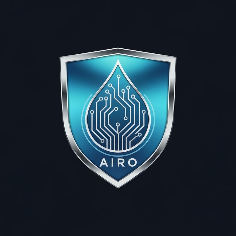 Design a shield-shaped emblem logo for AIRO, representing protection and water purity. Inside the shield, form a droplet using AI circuit traces or digital lines. The logo should look like a premium badge, symbolizing trust and advanced purification technology. Use metallic blue, chrome silver, and aqua gradients. The vibe should be safe, powerful, and cutting-edge.
