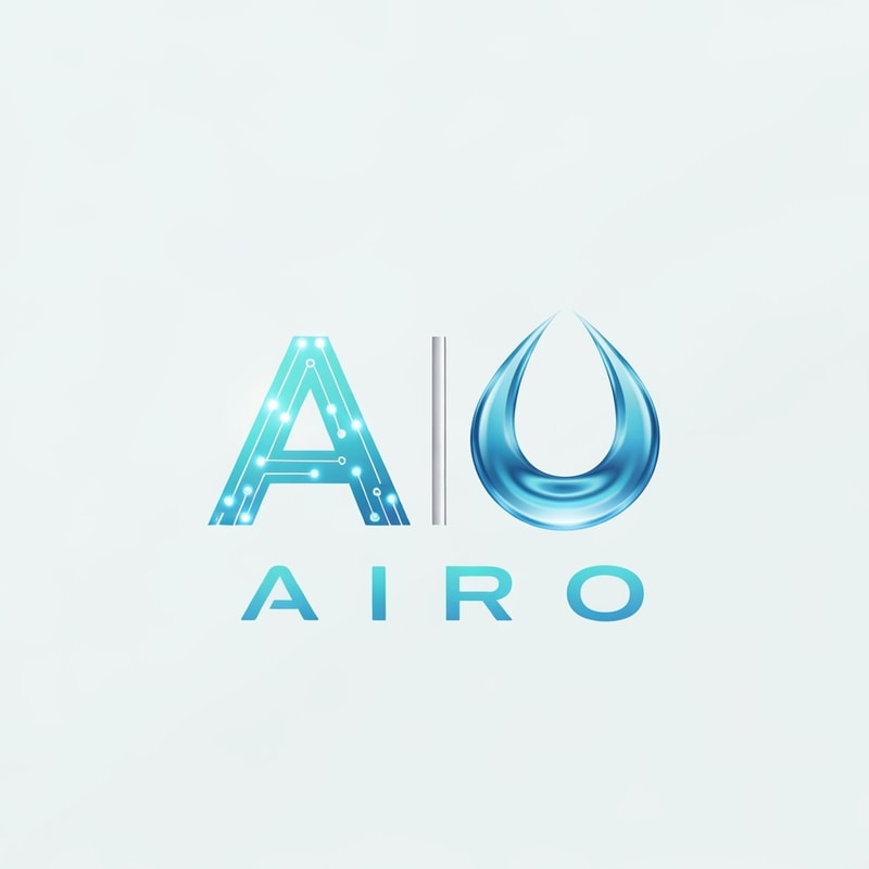 Generate a futuristic logo for a brand named AIRO, combining AI (Artificial Intelligence) and RO (Reverse Osmosis Water Technology). The logo should have smooth, modern typography with the letter “A” designed using a glowing AI circuit pattern and the “O” shaped like a transparent blue water droplet creating ripple waves. Use shades of aqua blue, white, and metallic silver to convey purity and technology. The overall design should look intelligent, minimal, and futuristic — perfect for a smart water purification brand.