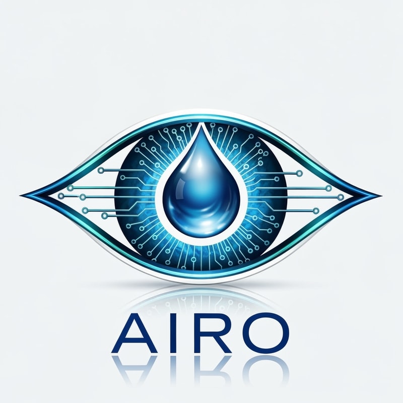 Design a conceptual eye-shaped logo for AIRO, where the iris is formed by a blue water droplet surrounded by AI circuit lines. The logo should symbolize “AI Vision for Purity” — intelligent water monitoring and quality assurance. Use metallic blue, teal, and white color tones with subtle reflections. The design must appear futuristic, spiritual, and clean, blending the ideas of technology and purity.