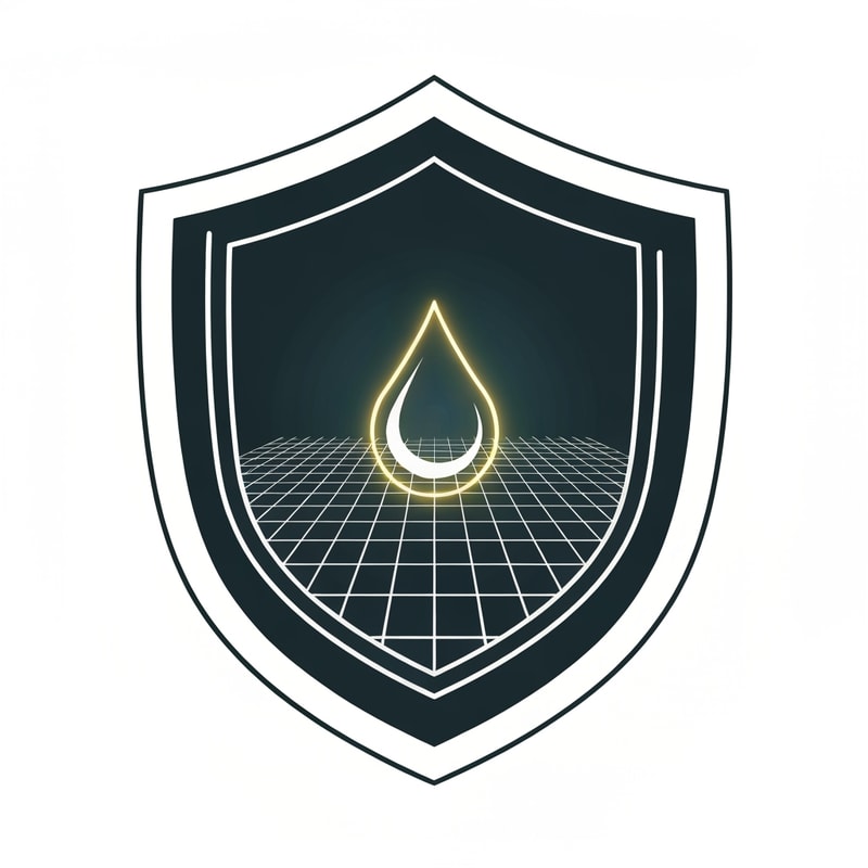 A solid, symmetrical shield outline. Inside, a central glowing droplet sits on a digital grid background. The outer shield has a thin metallic stroke to convey reliability. Represents AI-powered protection and water purity assurance.