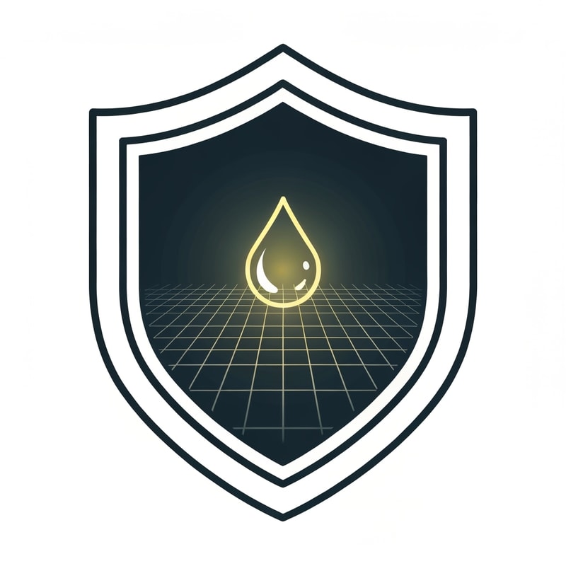 A solid, symmetrical shield outline. Inside, a central glowing droplet sits on a digital grid background. The outer shield has a thin metallic stroke to convey reliability. Represents AI-powered protection and water purity assurance.