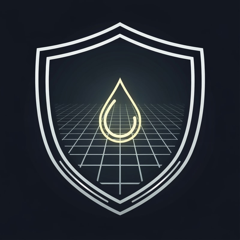 A solid, symmetrical shield outline. Inside, a central glowing droplet sits on a digital grid background. The outer shield has a thin metallic stroke to convey reliability. Represents AI-powered protection and water purity assurance.