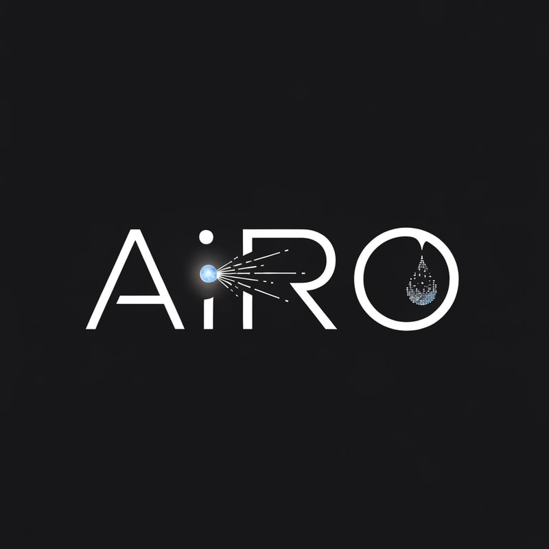 Wordmark “AIRO” in a sharp, modern sans-serif font. The dot on “I” is replaced with a glowing orb emitting fine linear rays that connect smoothly to the “O.” The “O” is shaped as a small droplet with digital texture. Style: sleek, minimal, tech-driven.