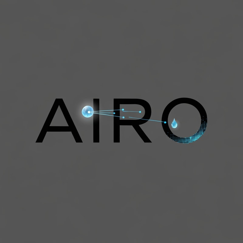 Wordmark “AIRO” in a sharp, modern sans-serif font. The dot on “I” is replaced with a glowing orb emitting fine linear rays that connect smoothly to the “O.” The “O” is shaped as a small droplet with digital texture. Style: sleek, minimal, tech-driven.