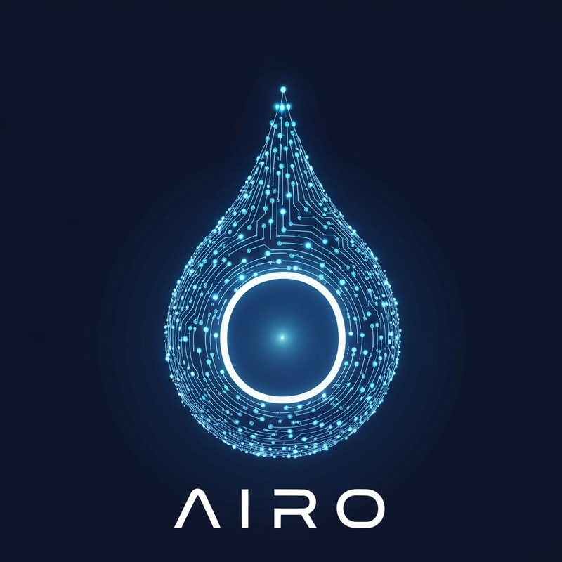 A sleek metallic-blue water droplet made of micro digital nodes and light circuits, glowing softly from the core. The typography “AIRO” is futuristic sans-serif in white. The “O” contains the droplet with subtle gradient light. Represents AI-powered control of water purity.