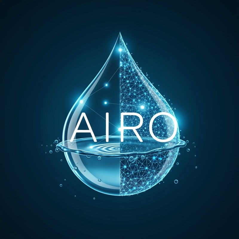 A fluid droplet divided into two halves — left side clean transparent blue water, right side digital neural mesh. “AIRO” text in modern rounded font, with small glowing dots connecting the “I” and droplet to show intelligent flow automation.
