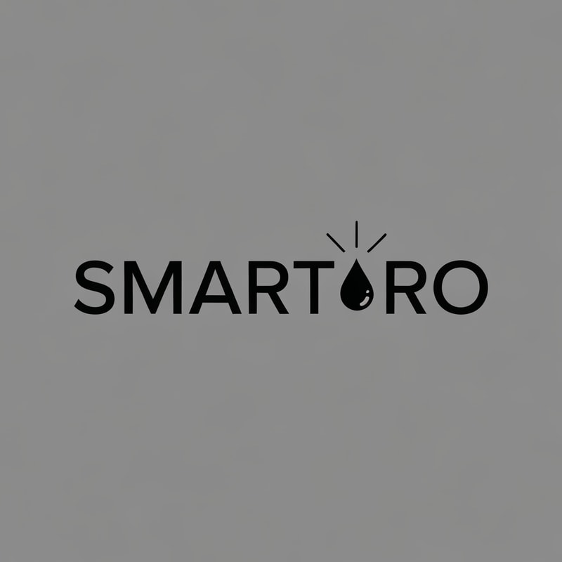 Wordmark “SMART RO” in a sharp modern sans-serif font. The dot in the letter “R” replaced with a glowing orb emitting thin linear rays connecting toward the “O,” which forms a small droplet. Style minimal, tech-driven, ready for foil or laser engraving.