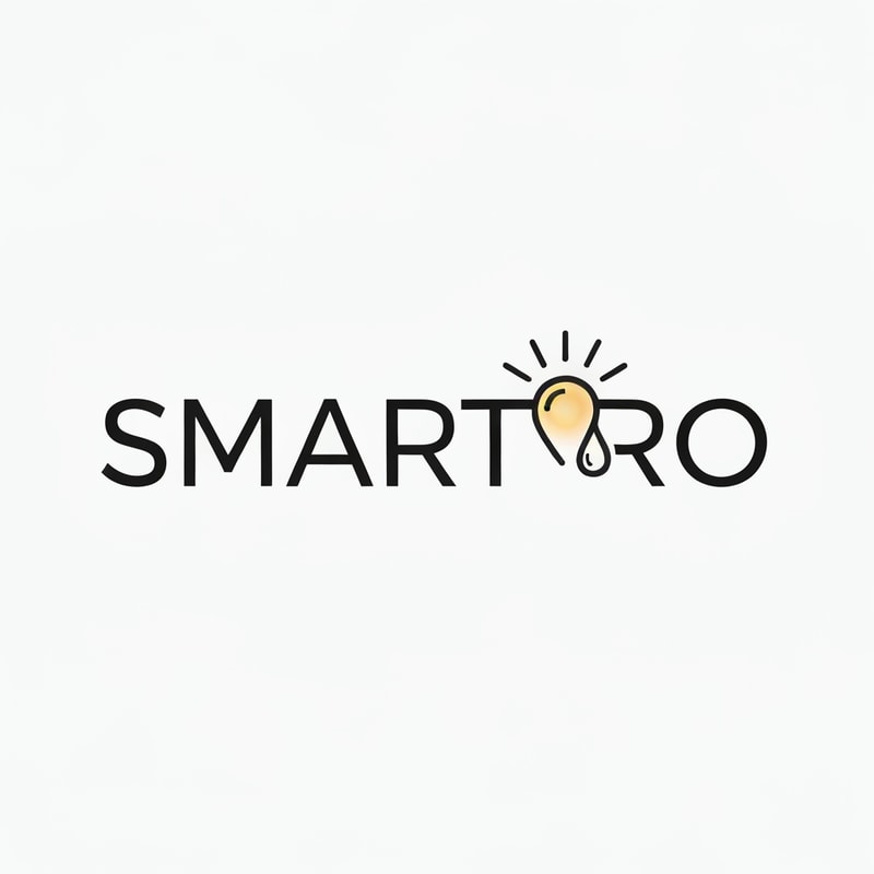 Wordmark “SMART RO” in a sharp modern sans-serif font. The dot in the letter “R” replaced with a glowing orb emitting thin linear rays connecting toward the “O,” which forms a small droplet. Style minimal, tech-driven, ready for foil or laser engraving.