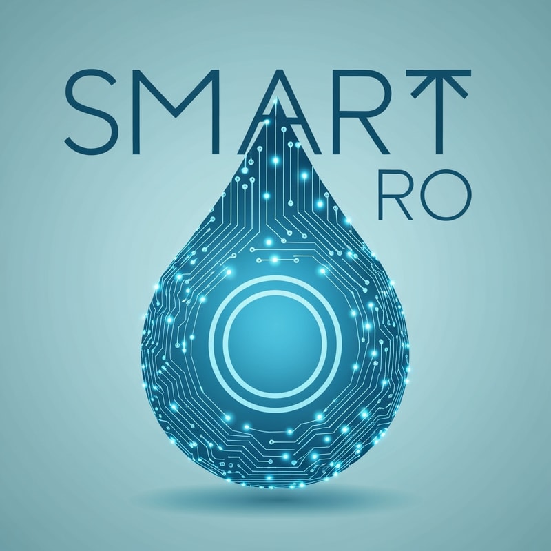 A clean blue water droplet formed by fine digital circuit lines and glowing nodes. Text “SMART RO” in bold geometric sans-serif font. The “O” encloses the droplet. Metallic aqua and silver palette. Represents automation and intelligence in RO technology.