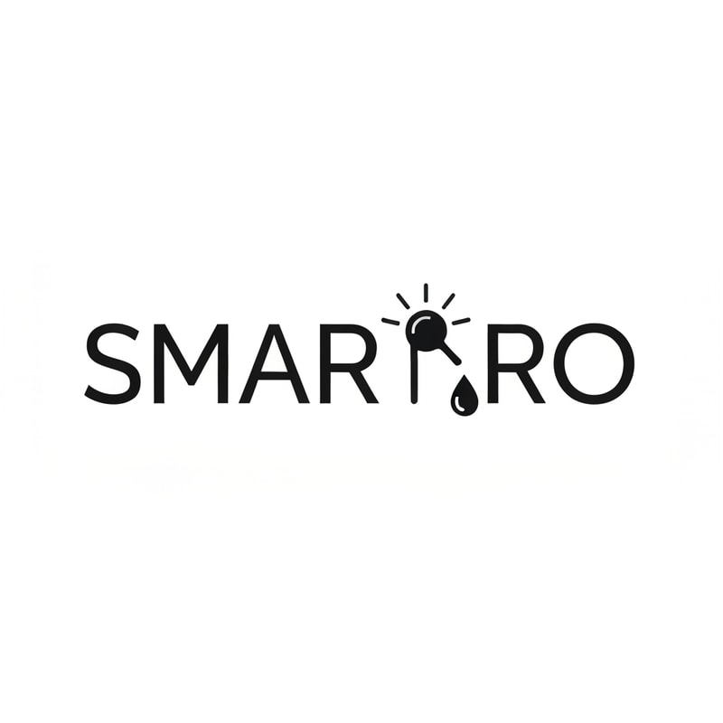 Wordmark “SMART RO” in a sharp modern sans-serif font. The dot in the letter “R” replaced with a glowing orb emitting thin linear rays connecting toward the “O,” which forms a small droplet. Style minimal, tech-driven, ready for foil or laser engraving.