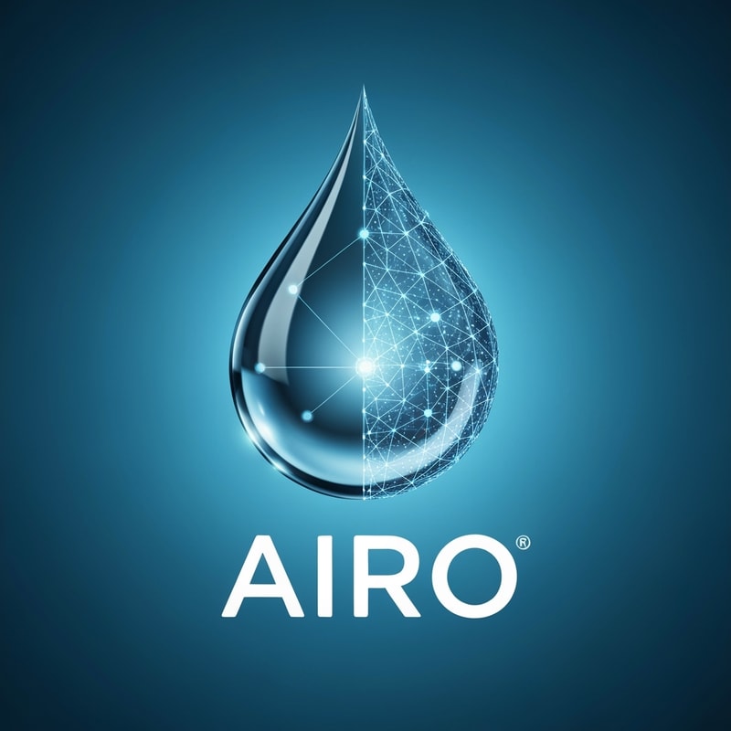 A fluid droplet divided into two halves — left side clean transparent blue water, right side digital neural mesh. “AIRO” text in modern rounded font, with small glowing dots connecting the “I” and droplet to show intelligent flow automation.