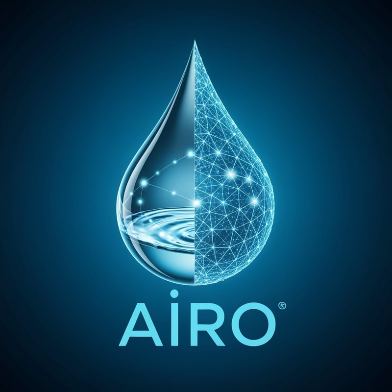 A fluid droplet divided into two halves — left side clean transparent blue water, right side digital neural mesh. “AIRO” text in modern rounded font, with small glowing dots connecting the “I” and droplet to show intelligent flow automation.