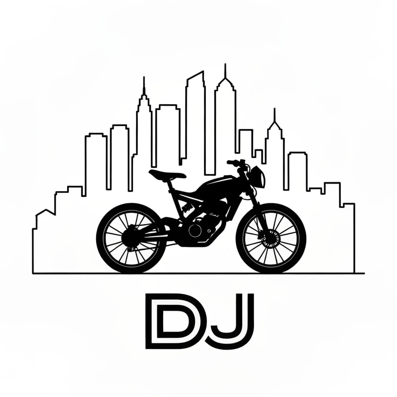 Combine city skyline outline with a street bike silhouette and “DJ” written underneath in bold techno font. Represents both city and adventure rides.