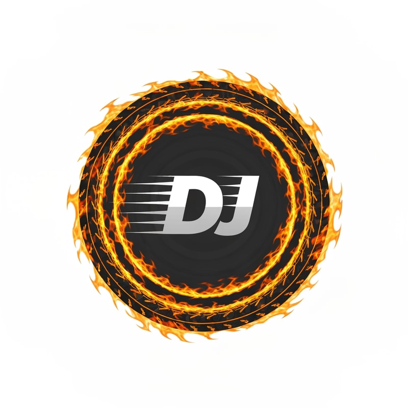 A flaming tire outline forms the circular frame of the logo. “DJ” sits inside with dynamic motion blur. Colors: fiery orange, black, and grey.