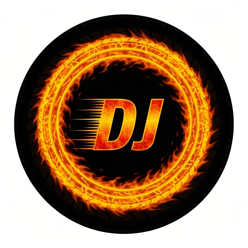 A flaming tire outline forms the circular frame of the logo. “DJ” sits inside with dynamic motion blur. Colors: fiery orange, black, and grey.