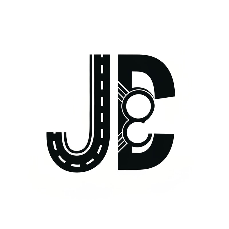 The letter “J” forms a curved road fading into distance with dashed white lines. Behind it, “D” shaped like a bike’s front headlight beam.
