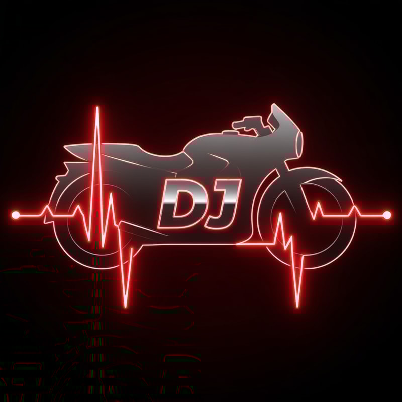 A glowing heartbeat line forms the shape of a motorbike with “DJ” embedded in it, symbolizing the thrill and energy of biking. Use red and black tones with metallic highlights.
