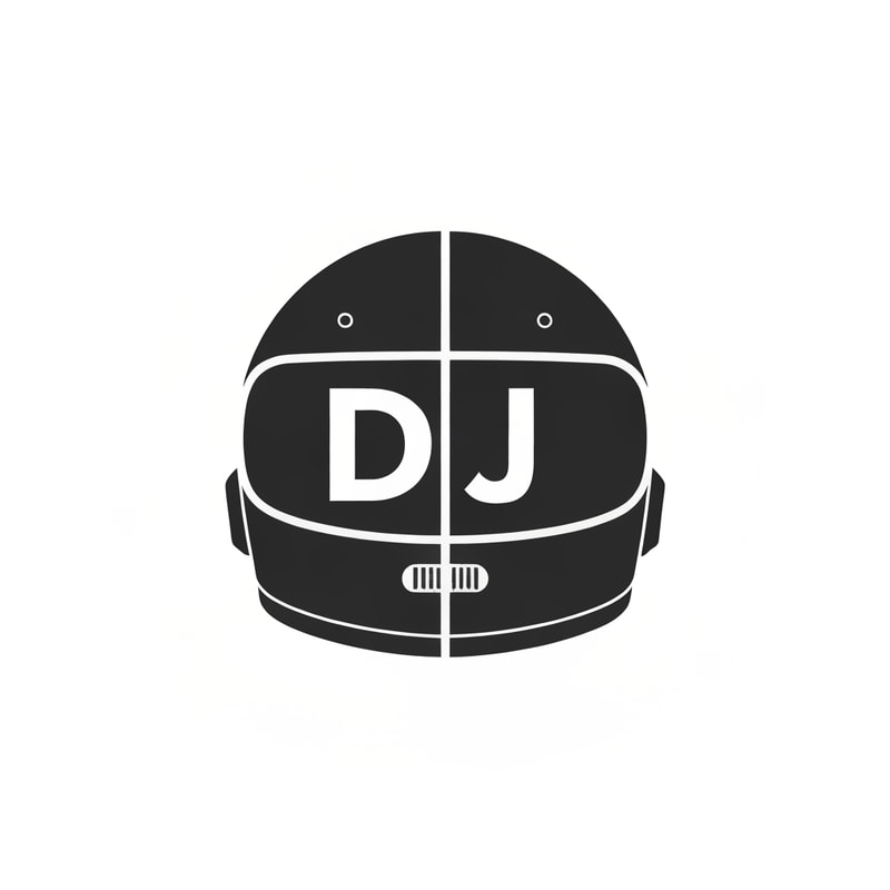 Simple icon: a helmet silhouette merged with “DJ” initials inside it. Clean vector style, good for stickers and thumbnails.