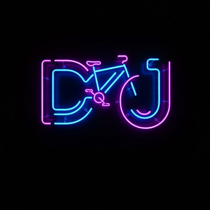 The letters “DJ” are made of neon tubes forming a bike outline. Blue and purple neon lights glow against a matte black background, evoking night rides.