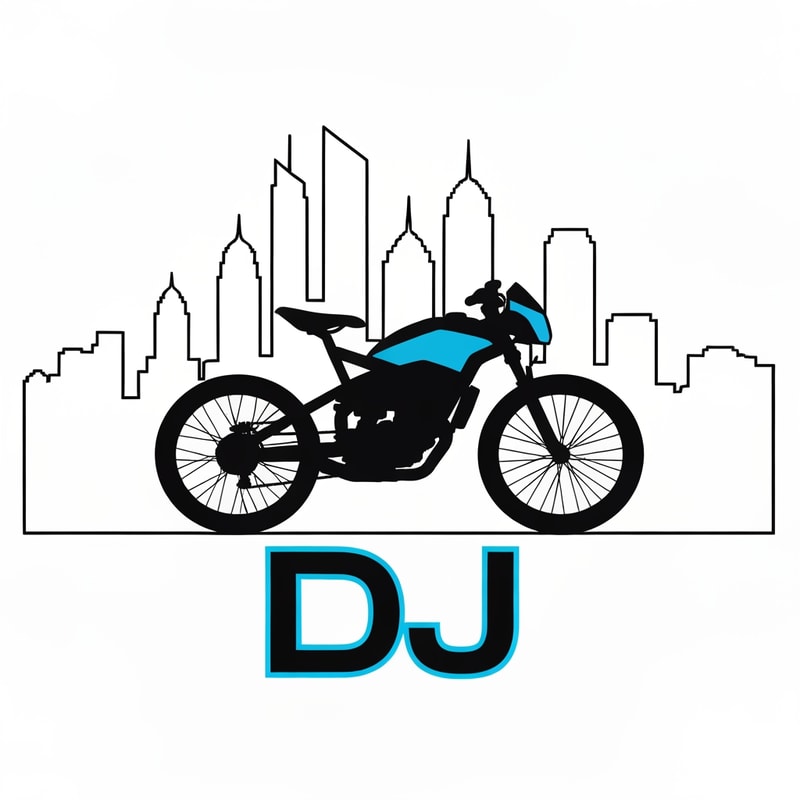 Combine city skyline outline with a street bike silhouette and “DJ” written underneath in bold techno font. Represents both city and adventure rides.