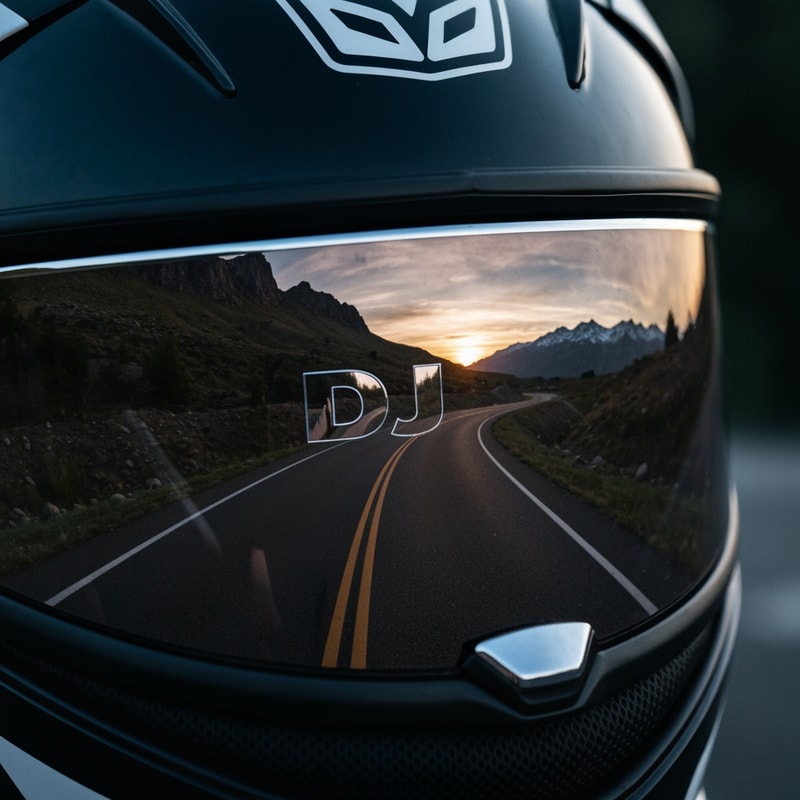 Show a helmet visor reflection where “DJ” appears in chrome, with mountain roads and sunset seen inside the visor. Bold, cinematic, and adventurous.