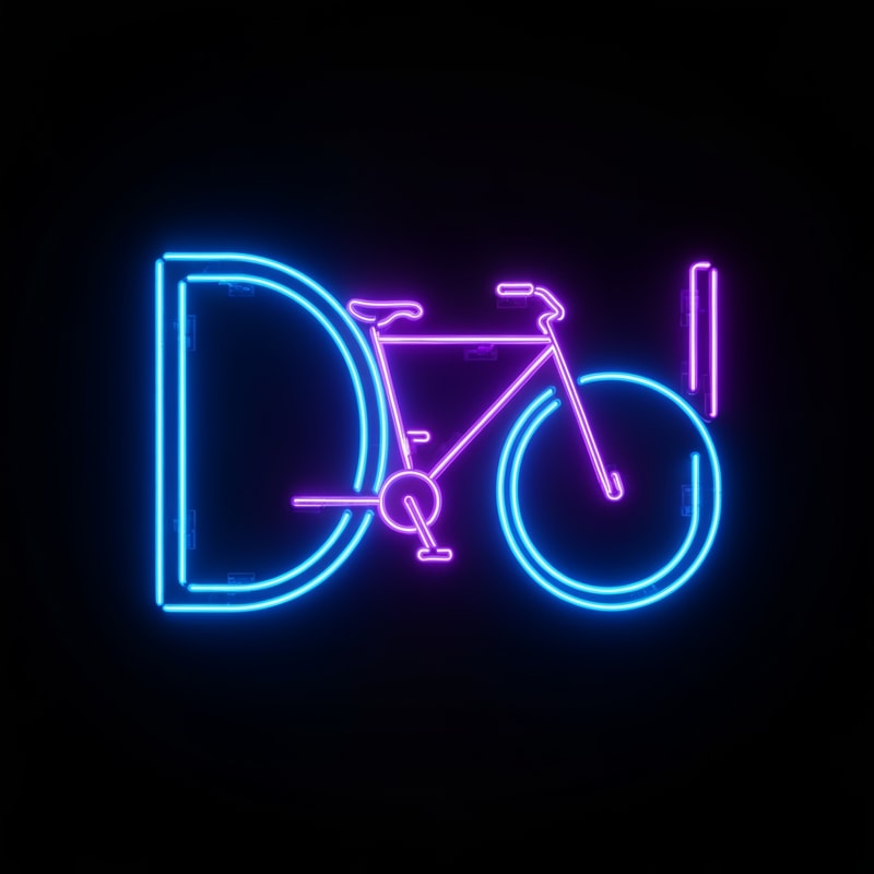The letters “DJ” are made of neon tubes forming a bike outline. Blue and purple neon lights glow against a matte black background, evoking night rides.