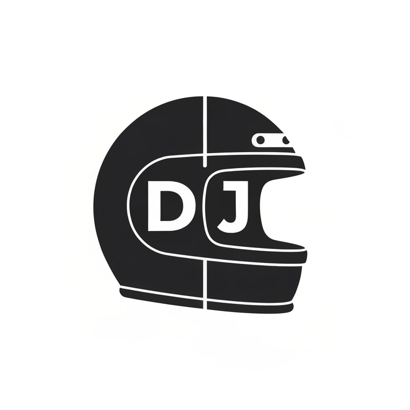 Simple icon: a helmet silhouette merged with “DJ” initials inside it. Clean vector style, good for stickers and thumbnails.