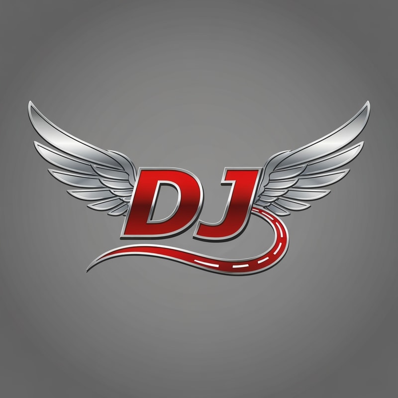 Combine stylized wings extending from both sides of “DJ,” where the “J” curves like a racing road. Metallic silver and red palette.