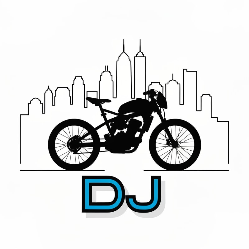 Combine city skyline outline with a street bike silhouette and “DJ” written underneath in bold techno font. Represents both city and adventure rides.