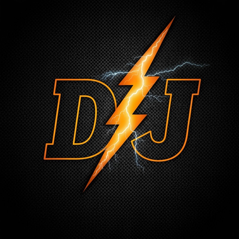 A lightning bolt cuts through “DJ” to represent power and energy. Slight carbon-fiber texture background. Perfect for aggressive riding vibes.